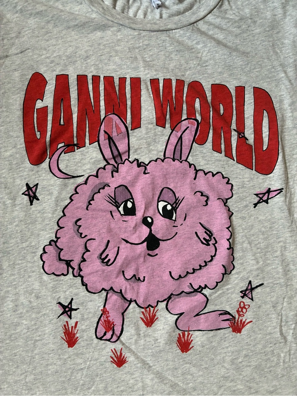Ganni Gray Tee with Pink Cartoon Fluffy Character and Red Logo